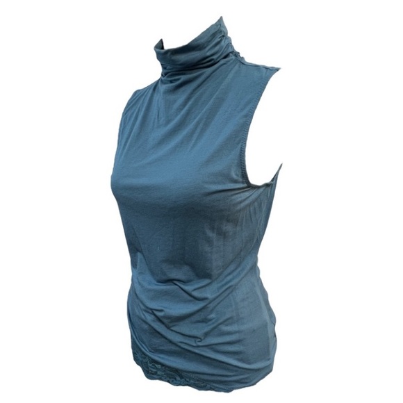 KENNETH COLE NY Vintage Teal sleeveless Turtleneck lace ruched knit top L - Picture 5 of 16